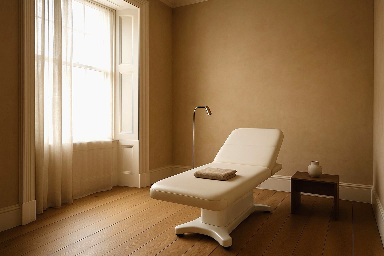 Treatment room in a Glasgow aesthetic clinic, natural daylight